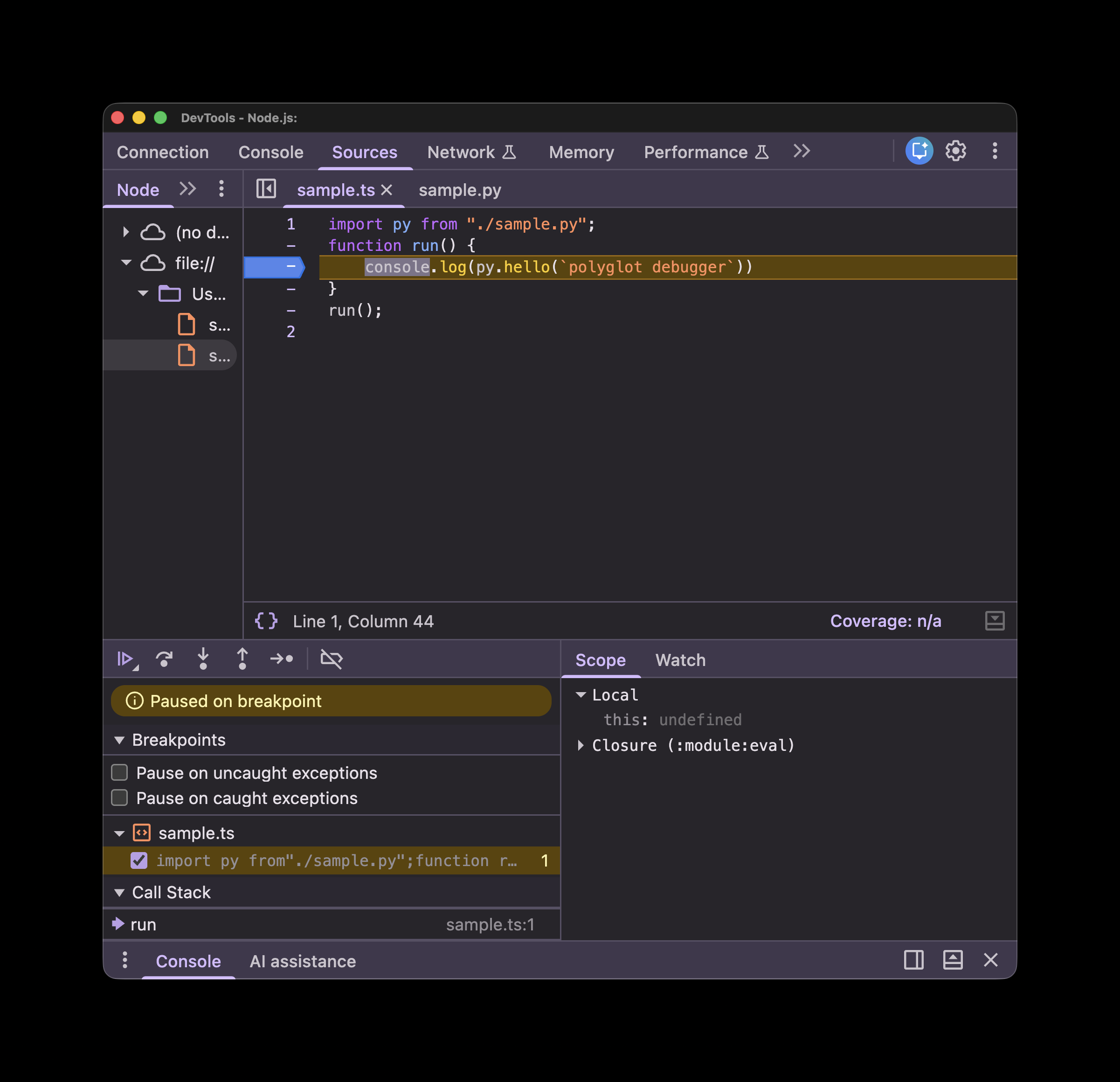 Chrome DevTools paused at a breakpoint in Elide's polyglot debugger