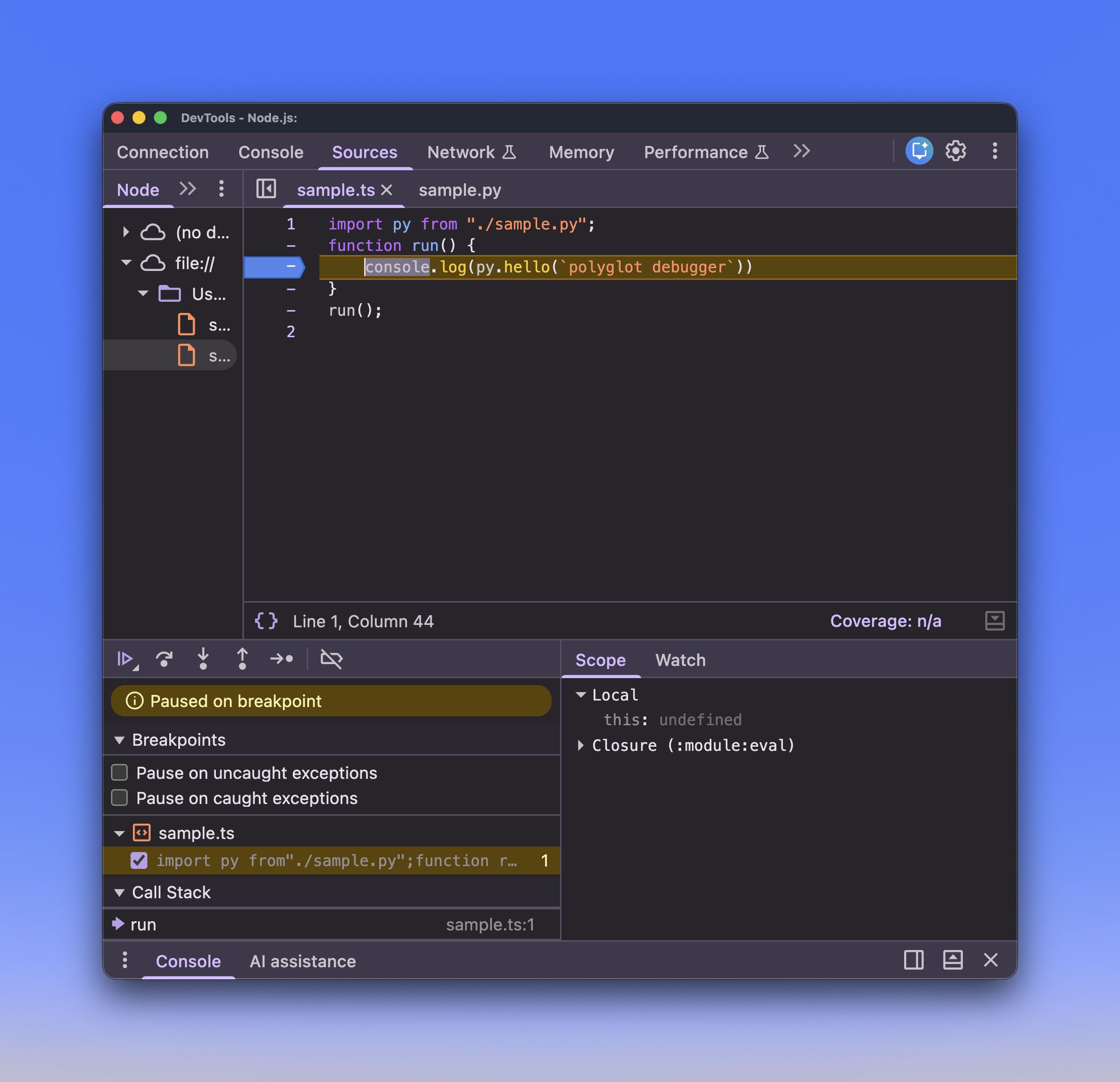 Chrome DevTools paused at a breakpoint in Elide's polyglot debugger