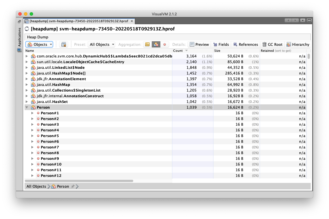 An upstream Native Image heap dump opened in VisualVM.